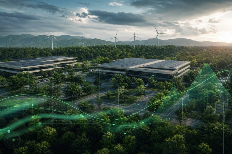 Corporate campus with renewable energy, representing climate targets and decarbonization strategy.