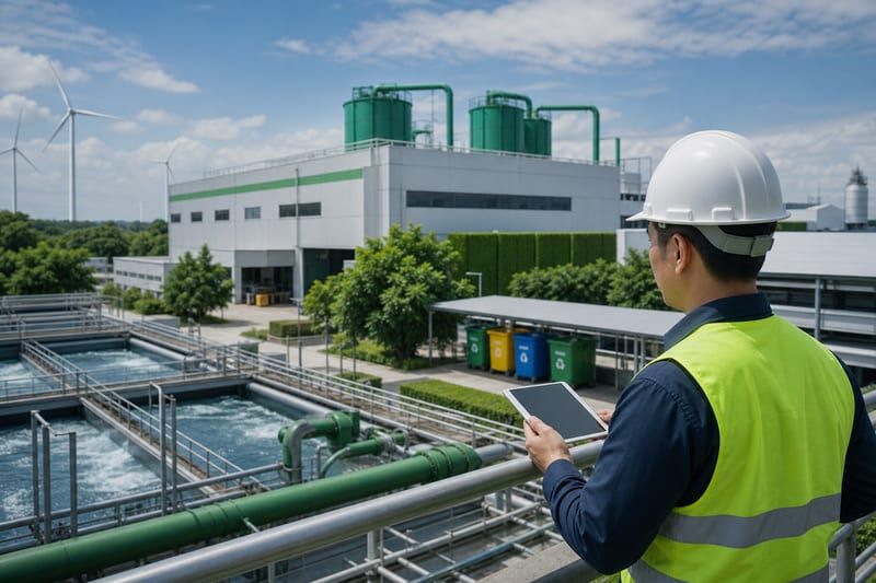 Modern facility with environmental monitoring, waste management, and integrated greenery.