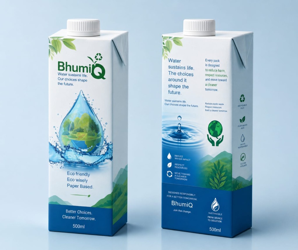 Flat lay of Bhumiq Packaged Water tetra packs showing pack layout and branding.