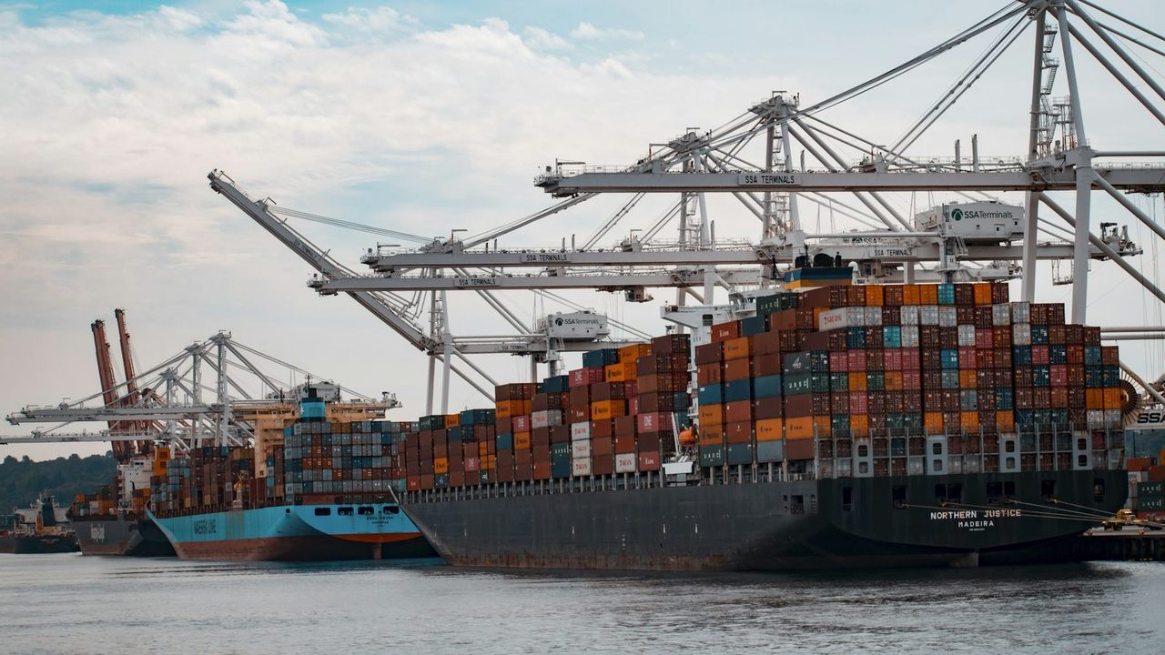 Container ships under gantry cranes at a port